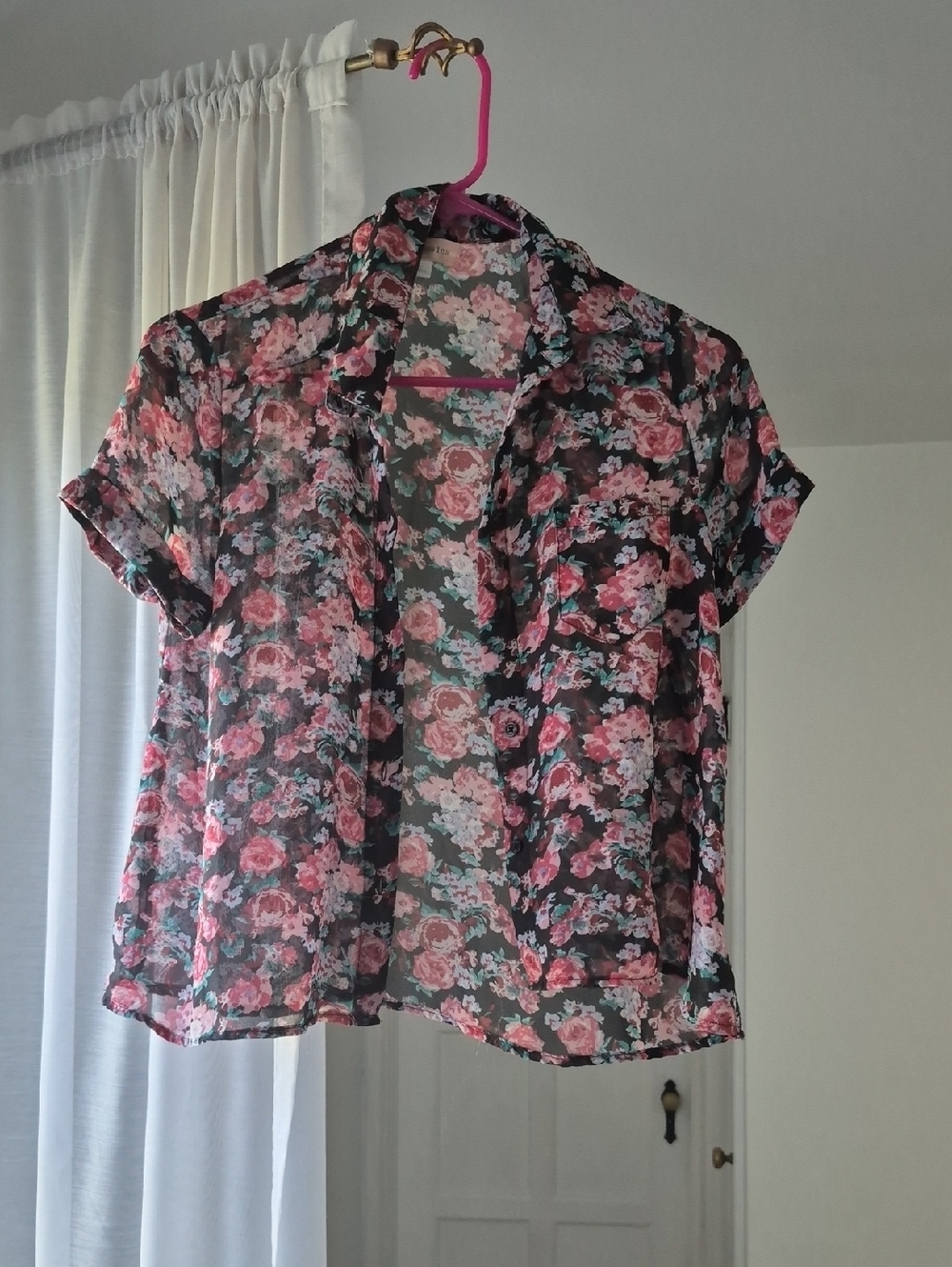 Band of Gypsies Pink Floral Sheer Button-Up Top on Black